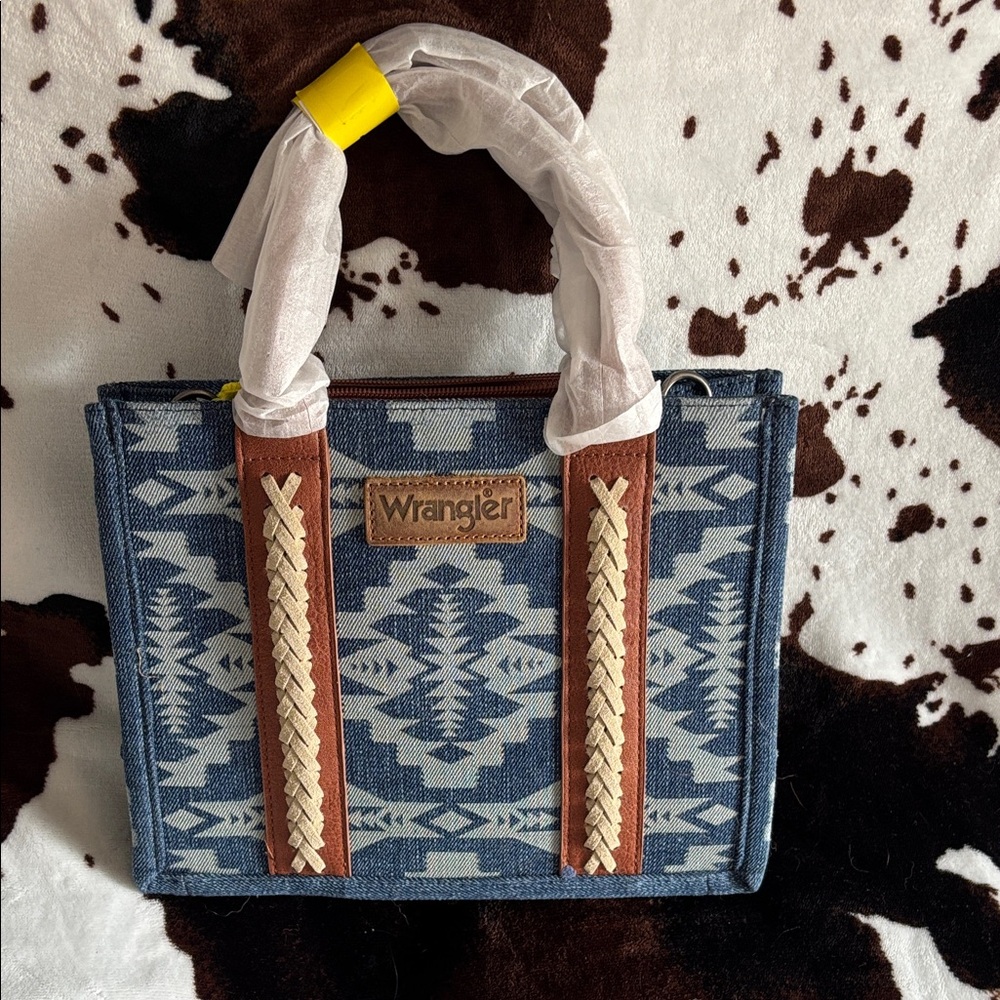 Wrangler Blue Aztec Tote with Brown Trim and Cream Braided Accents